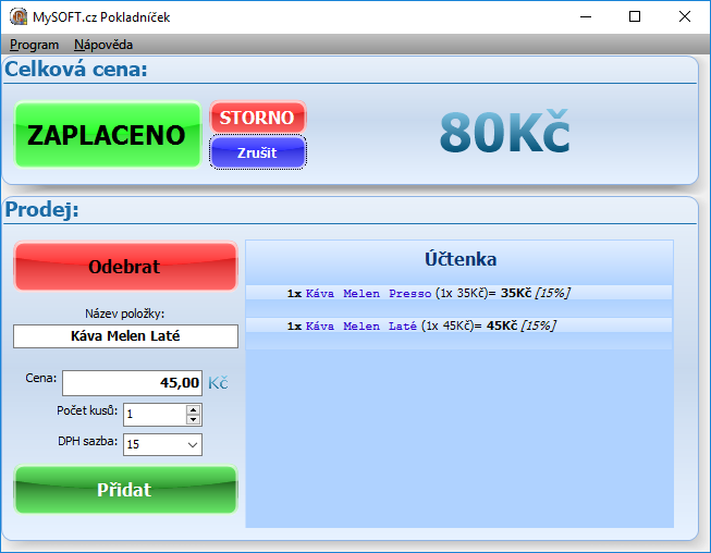 Hlavní prodejní panel Pokladníčka Hlavní prodejní panel Pokladníčka